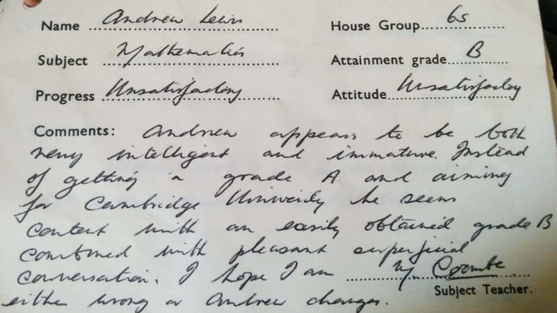 Andrew Lewis school report - ADHD = unsatisfactory